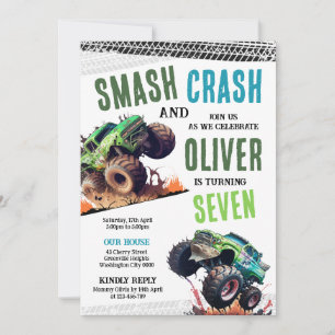 Modern Kids Monster Trucks Birthday Party Invitation