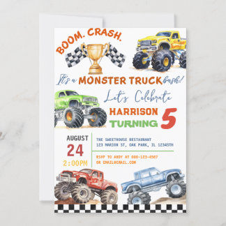 Modern Kids Monster Trucks Birthday Party Invitation