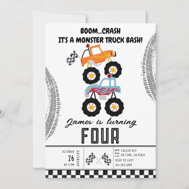 Modern Kids Monster Trucks Birthday Party Invitation (Front)