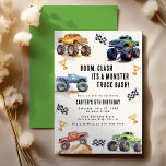 Modern Kids Monster Trucks Birthday Party Invitation<br><div class="desc">Attention all little party animals! Get ready to rev up the fun with our 'BOOM, CLASH ITS A MONSTER TRUCK BASH' Birthday Kids Monster Car Trucks Invitation. Adorned with adorable and vibrant monster car trucks, this modern typography script invites you to join in on the celebration. Let's roar into the...</div>