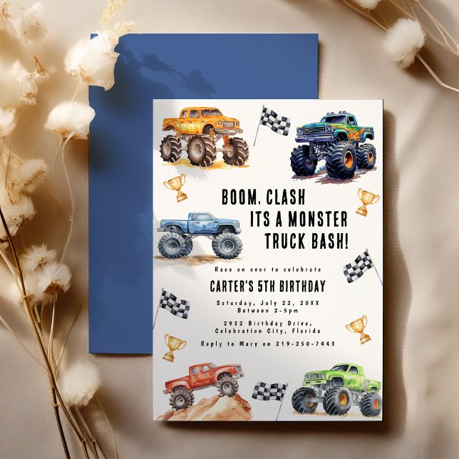 Modern Kids Monster Trucks Birthday Party Invitation (Creator Uploaded)