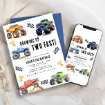 Modern Kids Monster Trucks Birthday Party Invitation<br><div class="desc">Attention all little party animals! Get ready to rev up the fun with our Growing up Two Fast! Birthday Kids Monster Car Trucks Invitation. Adorned with adorable and vibrant monster car trucks, this modern typography script invites you to join in on the celebration. Let's roar into the third year of...</div>