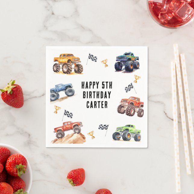 Modern Kids Monster Trucks Birthday Party Napkin (Insitu)