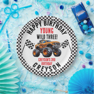 Modern Kids Monster Trucks Birthday Party Paper Plate