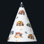Modern Kids Monster Trucks Birthday Party Party Hat<br><div class="desc">Attention all little party animals! Get ready to rev up the fun with our Kids Monster Car Trucks birthday party hats. Adorned with adorable and vibrant monster car trucks,  flags and gold cups.</div>