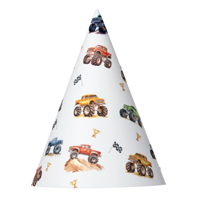 Modern Kids Monster Trucks Birthday Party Party Hat (Front)