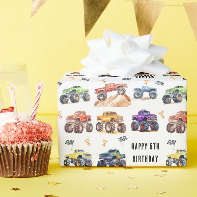 Modern Kids Monster Trucks Birthday Party Wrapping Paper (Birthday Party)