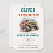 Modern Kids Monster Trucks Watercolor Birthday