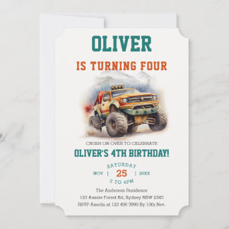 Modern Kids Monster Trucks Watercolor Birthday Invitation
