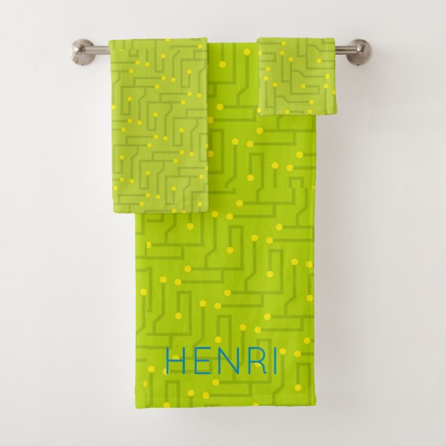 Modern Kids NAME Circuit Board green yellow blue Bath Towel Set (Insitu)