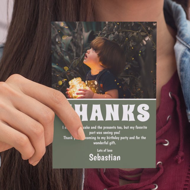 Modern Kids Photo Birthday | Green Thank You Card (Creator Uploaded)