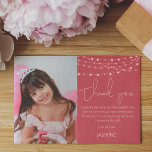 Modern Kids Pink Photo Thank You Card<br><div class="desc">Send an extra special thank you card to your guests, thanking them for attending your party and gratitude for their gifts. Featuring a pink background with string lights, your favourite photo from your birthday/christmas/christening/baby shower/party with playful text that reads "THANK YOU" and "i enjoyed the cake and the presents too,...</div>