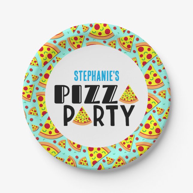 Modern Kids Pizza Birthday Party Custom Name Paper Plate (Front)