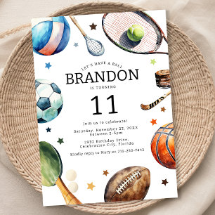 Modern Kids Sports Ball Birthday Party Invitation
