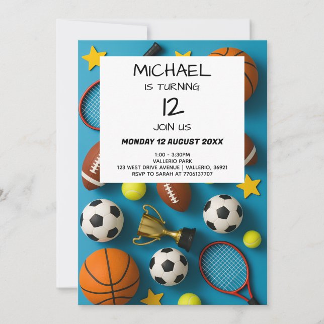 Modern Kids Sports Birthday Invitation (Front)
