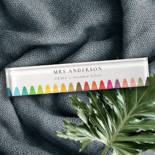 Modern Kids Teacher Colorful Rainbow Crayon Colors Nameplate