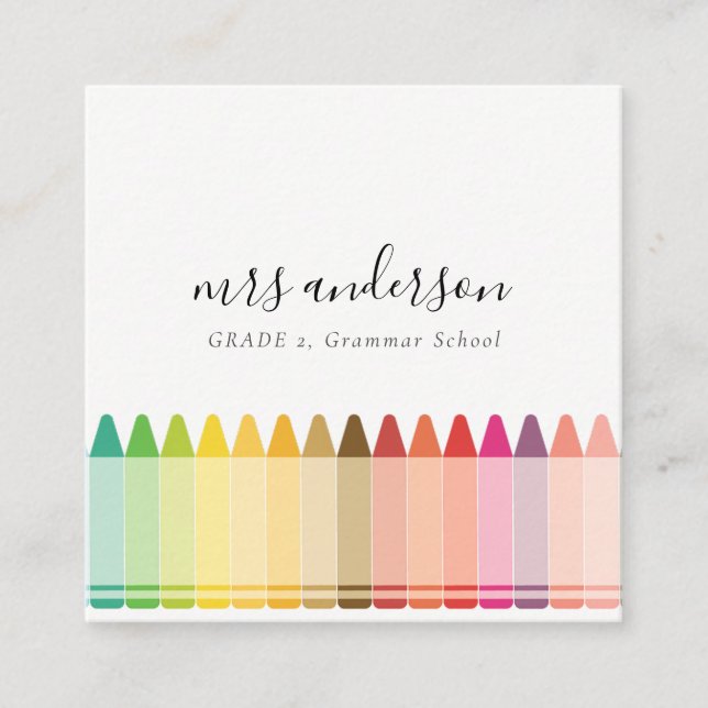 Modern Kids Teacher Colourful Rainbow Crayon Colou Square Business Card (Front)