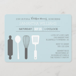 Modern Kitchen Bridal Shower Pale Blue Grey White Invitation