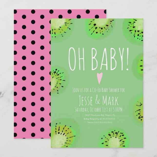 Modern Kiwi Baby Shower Watercolor Polk Dots Pink Invitation (Front/Back)