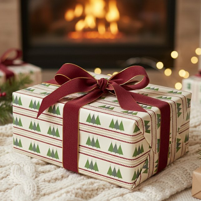 Modern Knit Christmas Trees Green and Red Wrapping Paper (Geometric trees in shades of green with toasted gold accents. Cranberry red postage stamp stripes.)