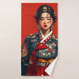 Modern Korean Woman in Hanbok Portrait Bath Towel Set
