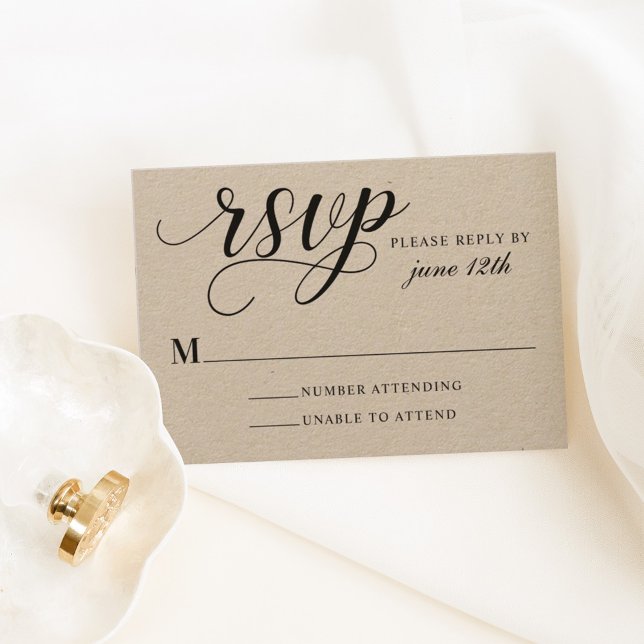 Modern Kraft and Black Script Wedding RSVP Card (Creator Uploaded)