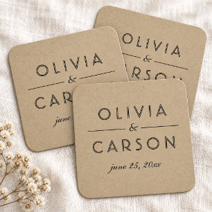 Modern Kraft and Black Wedding Monogram Square Paper Coaster