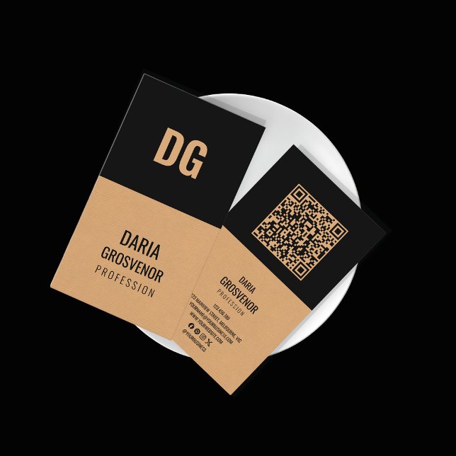 Modern Kraft & Black Minimalist Vertical QR Code Business Card (Creator Uploaded)