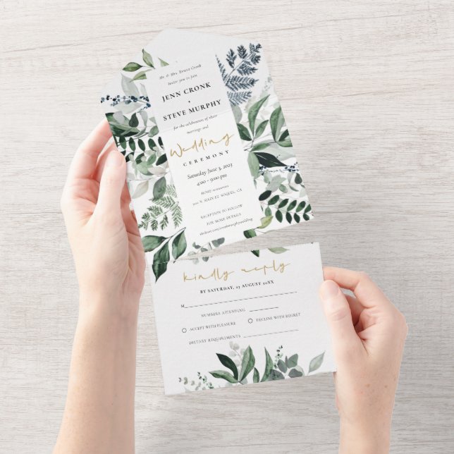 Modern Kraft Green Leafy Tropical Foliage Wedding All In One Invitation (Tearaway)