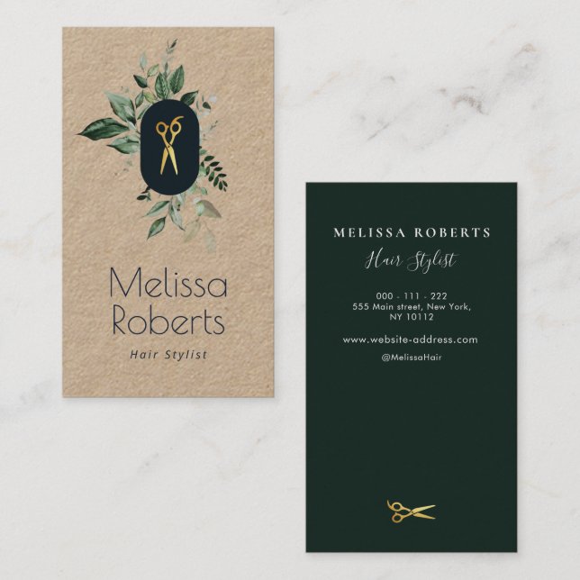 modern kraft greenery hair stylist business card (Front/Back)