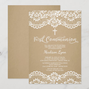 Modern Kraft Lace First Holy Communion Invitation