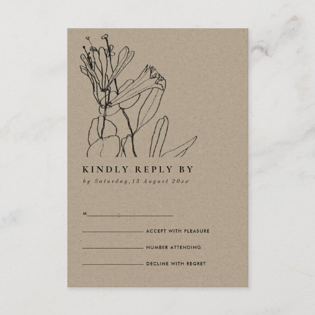MODERN KRAFT LINE DRAWING FLORAL WEDDING RSVP ENCLOSURE CARD (Front)