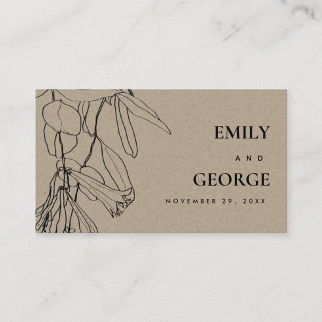 MODERN KRAFT LINE DRAWING FLORAL WEDDING WEBSITE BUSINESS CARD (Front)