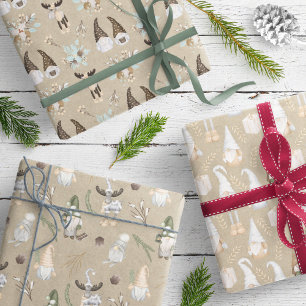 Modern Kraft Neutral Gnome Pattern Wrapping Paper Sheet