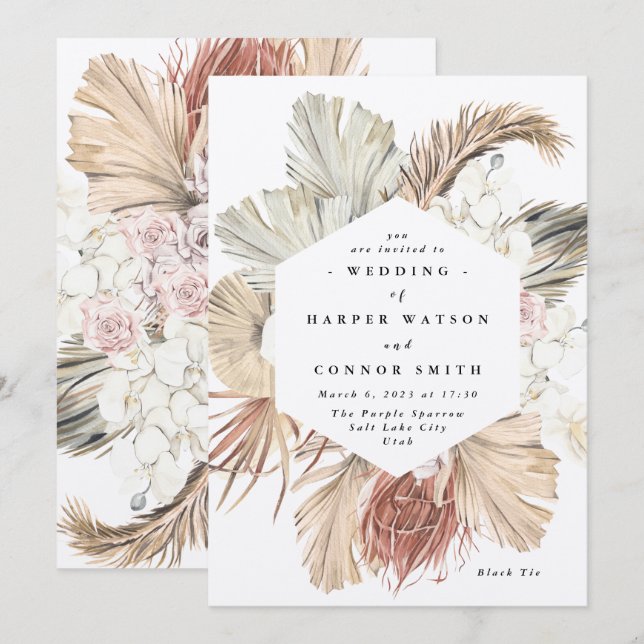 Modern Kraft Pampas Grass Floral Tropical Jungle Invitation (Front/Back)