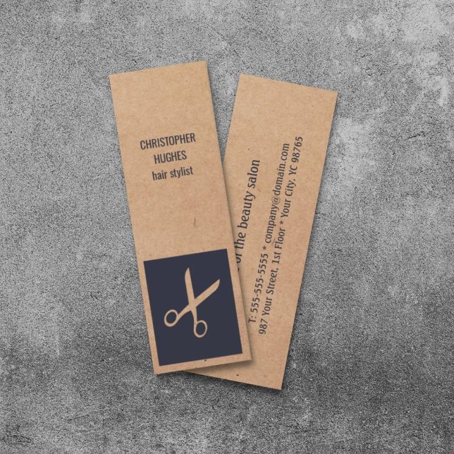 Modern Kraft Paper Blue Scissor Hair Stylist Mini Business Card (Creator Uploaded)