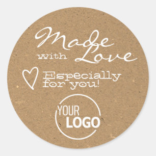 Modern Kraft Paper Made with Love Heart and Logo Classic Round Sticker
