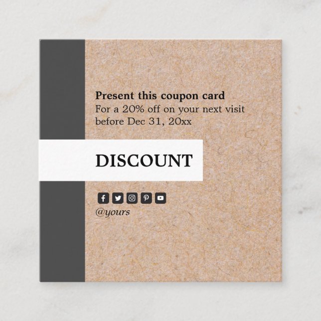 Modern Kraft Stripe Accent Square Promo Discount Square Business Card (Front)
