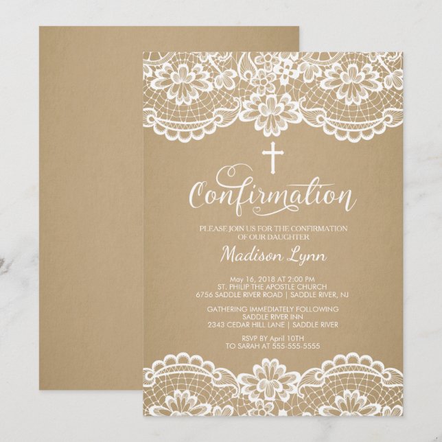 Modern Kraft Vintage Lace Confirmation Invitation (Front/Back)