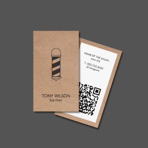 Modern Kraft White QR Code Barber Pole Salon Business Card