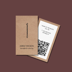 Modern Kraft White QR Code Hair Pin Salon Business Card