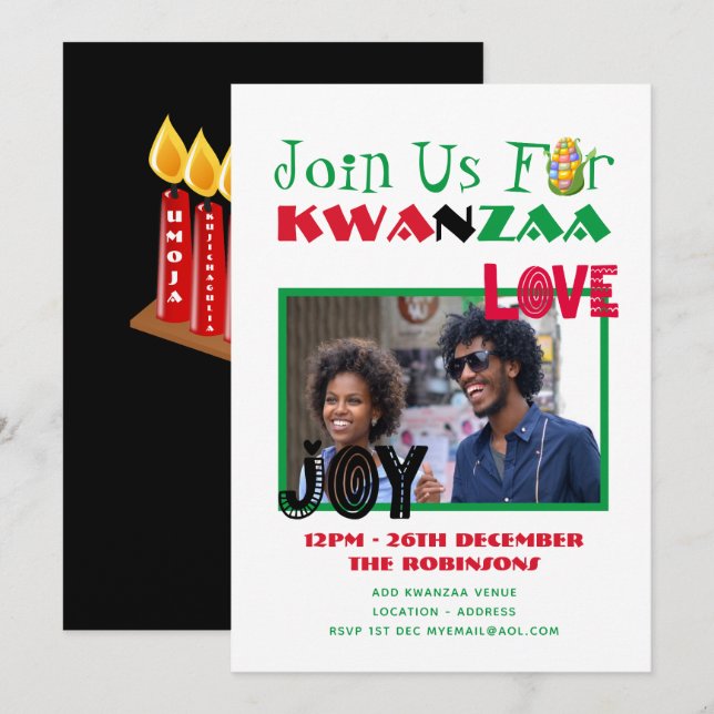 Modern KWANZAA Photo Party Invite 7 Candles (Front/Back)