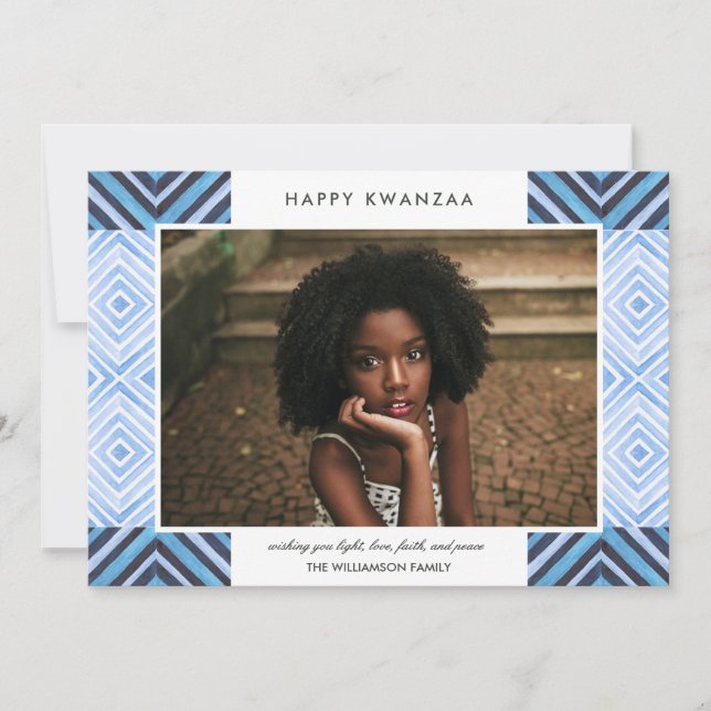 Modern Kwanzaa Watercolor Tiles | Blue | Photo Holiday Card (Front)