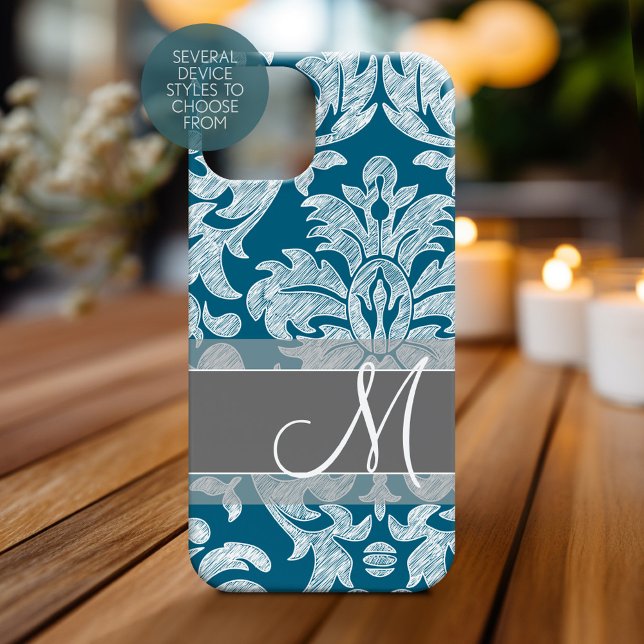 Modern Lace Damask Pattern - Blue Grey (Personalized Phone Case with Monogram)