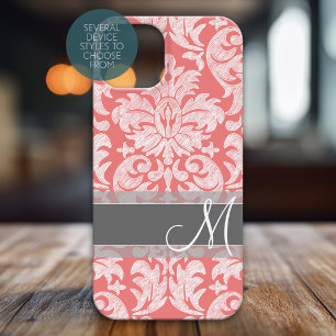 Modern Lace Damask Pattern Coral and Grey
