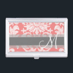 Modern Lace Damask Pattern - Coral and Grey Business Card Holder<br><div class="desc">Trendy and feminine floral damasks with popular colours. The damask has a whimsical chalkboard look.</div>