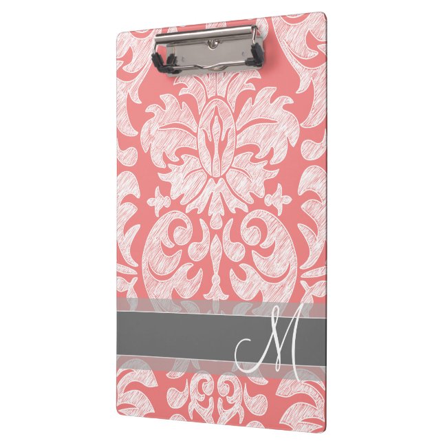 Modern Lace Damask Pattern - Coral and Grey Clipboard (Left)