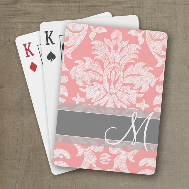 Modern Lace Damask Pattern - Coral and Grey Playing Cards (Personalized playing cards with monogram or custom text)