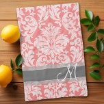 Modern Lace Damask Pattern - Coral and Grey Tea Towel<br><div class="desc">Trendy and feminine floral damasks with popular colours. The damask has a whimsical chalkboard look.</div>