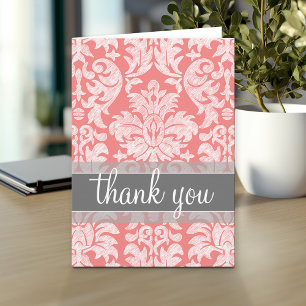 Modern Lace Damask Pattern - Coral and Grey Thank You Card